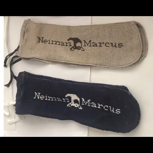 New Neiman Marcus Knit Shoe Bags Travel Beige Blue - Picture 12 of 16